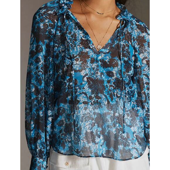 Anthropologie Sheer Printed Peasant Blouse Size XS‎ Floral - Picture 2 of 9